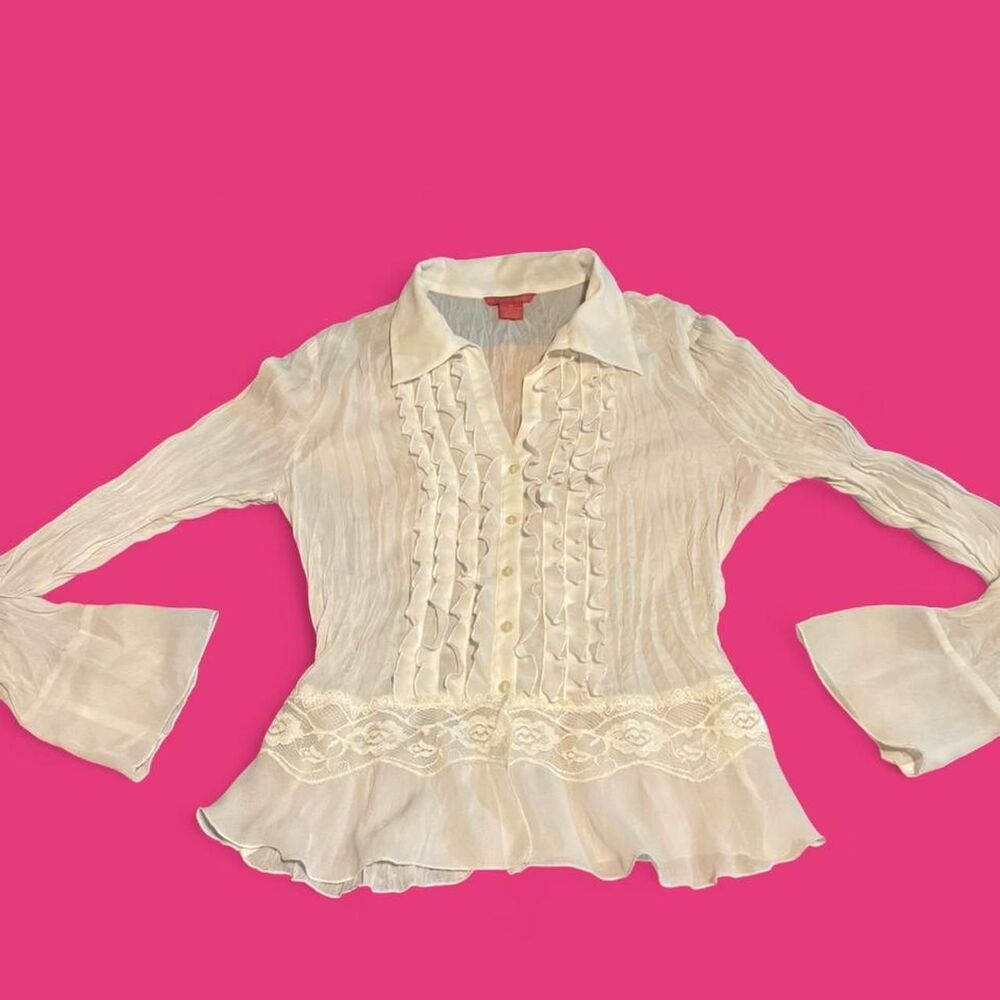 Vintage Y2K Sunny Leigh White Ruffle Plissé Blouse size Medium